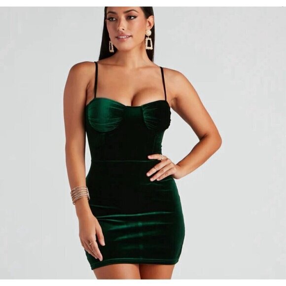 Windsor Dress Women Small Green Velvet Tinkerbell Holiday Feel Me Bustier Mini - Picture 2 of 10